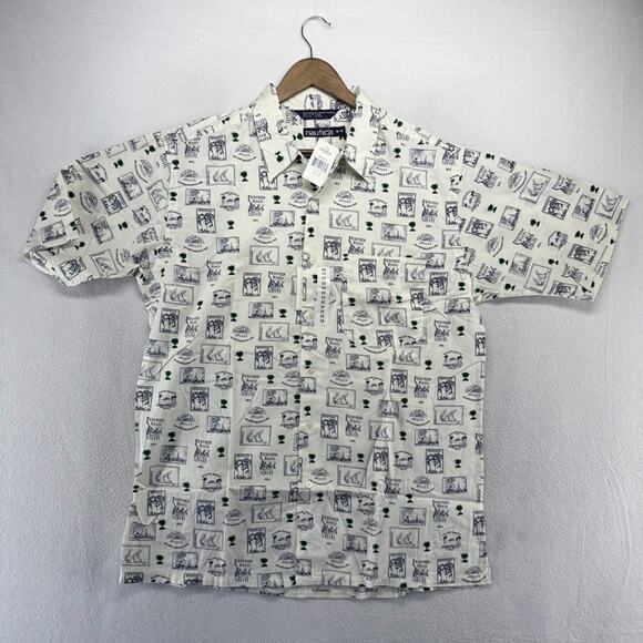 Vintage Nautica Shirt Men's medium Camo Loop Collar Stamps Geometric Coffee NEW - Picture 2 of 8